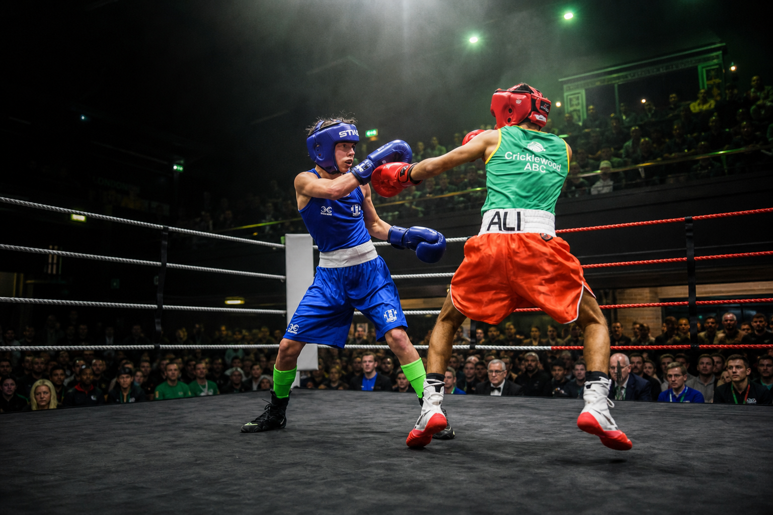 A Cricklewood ABC boxer competing in front of a packed crowd